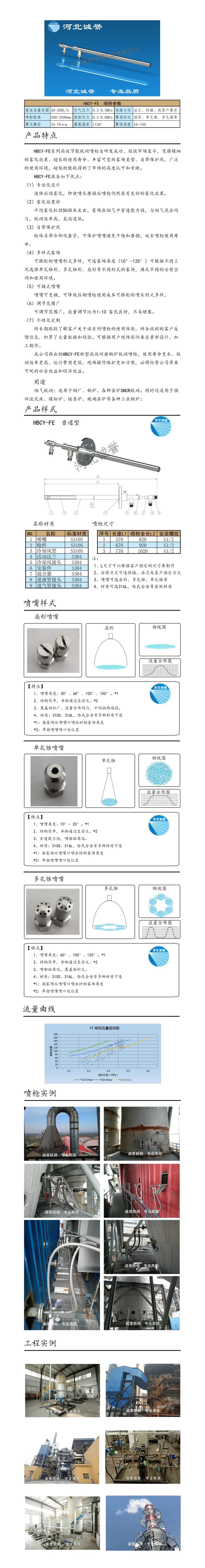 電廠(chǎng)脫硝噴槍保護(hù)套、噴槍參數(shù)、材質(zhì)尺寸、流量分布圖、扇形空心錐俯視圖介紹，以及噴槍霧化視頻展示和工程案例介紹